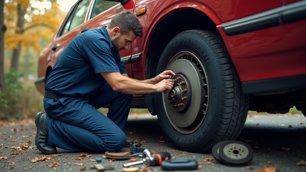 Mobile mechanic replacing brake pads on car in Norfolk VA